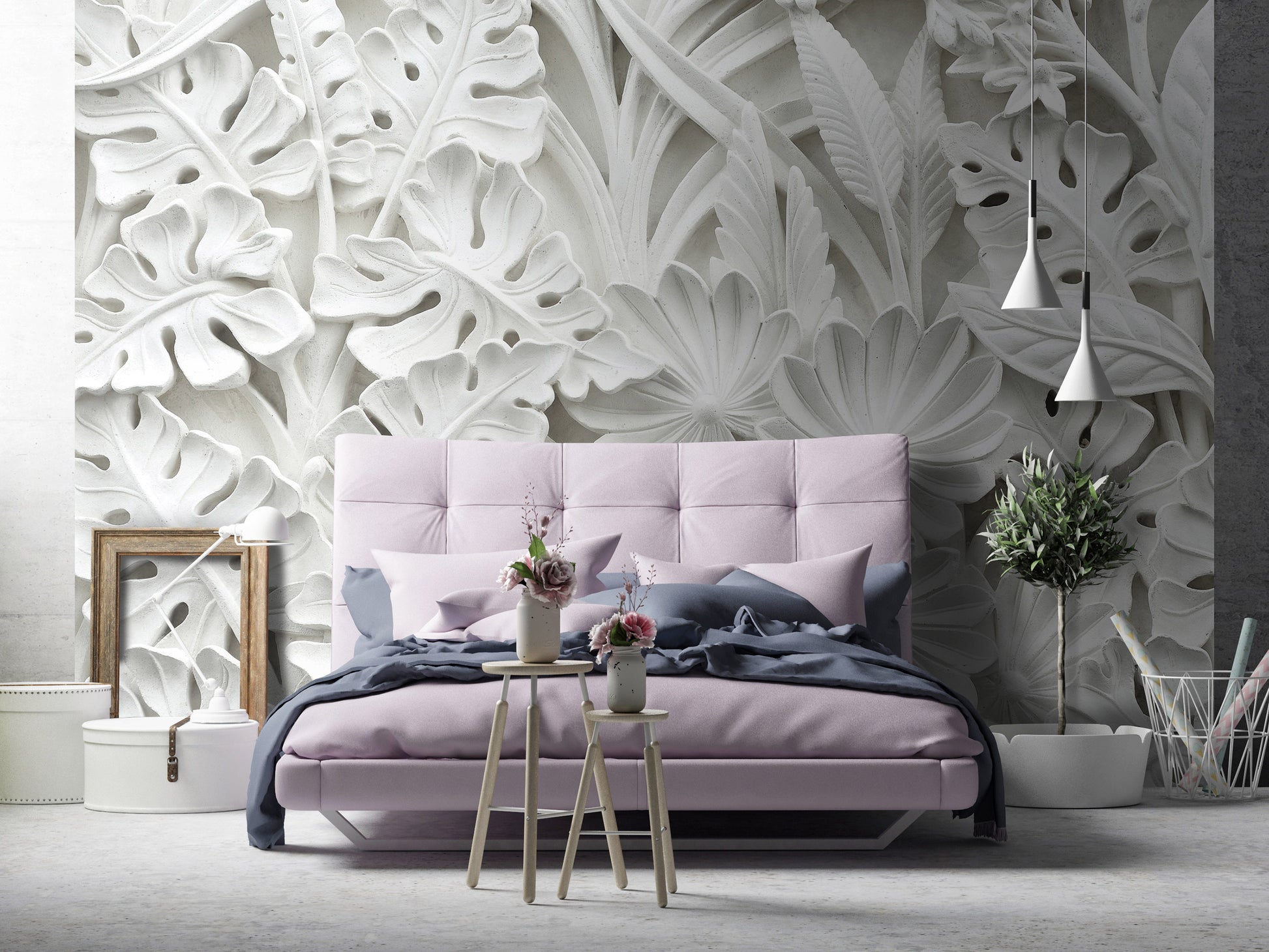Alabaster Flowers White Non-woven Photo Wallpapers