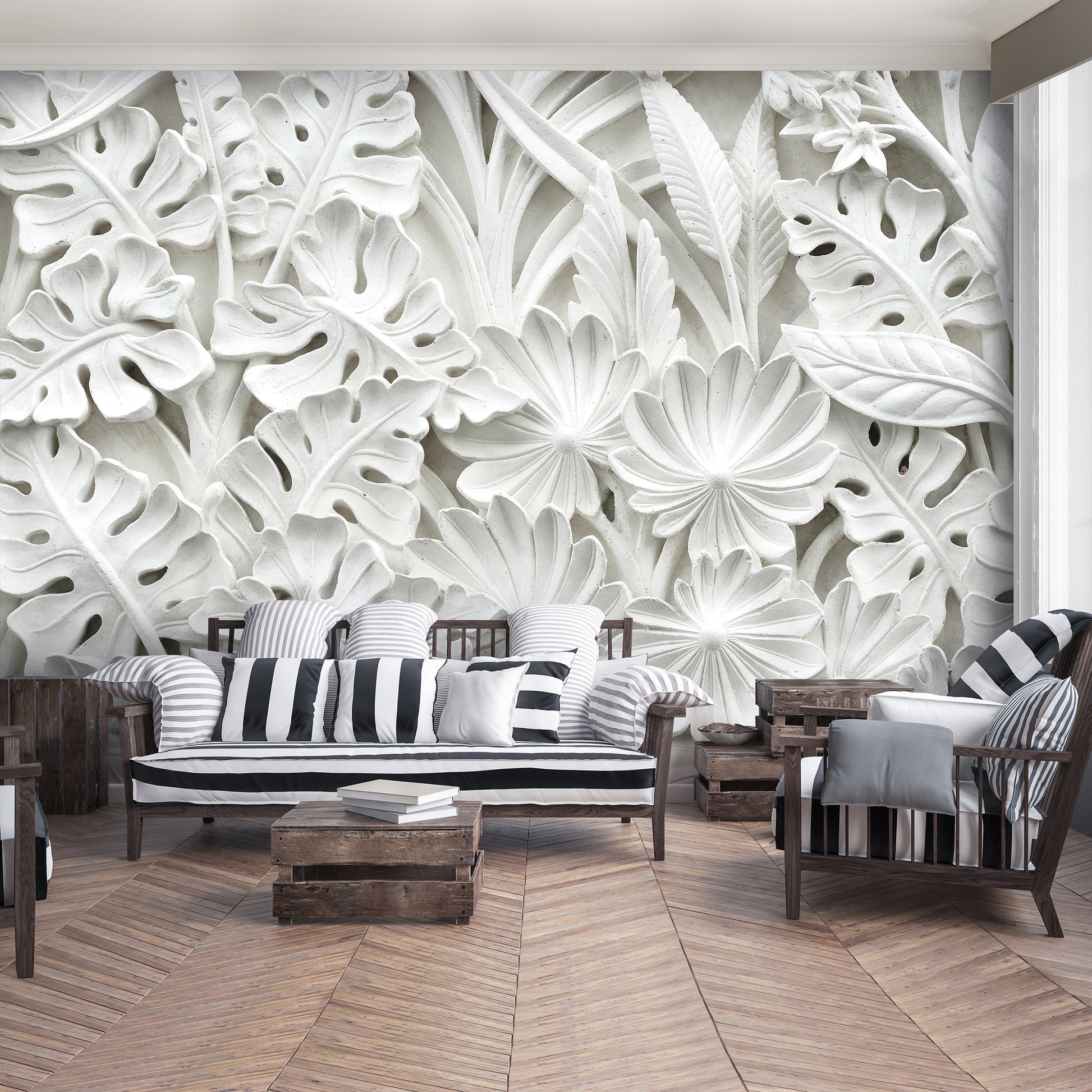 Ready made Alabaster Flowers White Non-woven Photo Wallpaper