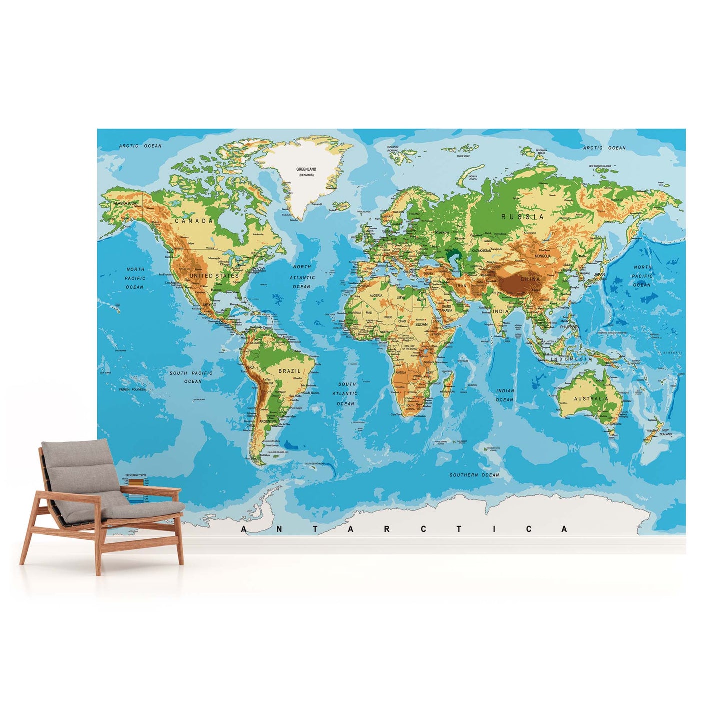 Physical Map of the World Blue School Decor Non-woven Photo Wallpaper (W x H) 312 cm x 219 cm (123" x 86")