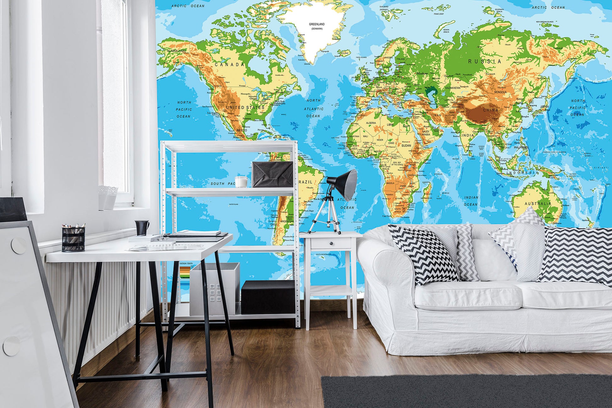 Physical Map of the World Blue School Decor Non-woven Photo Wallpaper