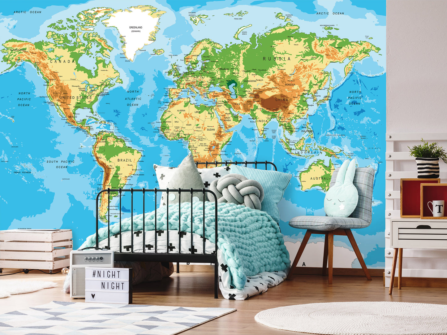 Physical Map of the World Blue School Decor Non-woven Photo Wallpaper (W x H) 312 cm x 219 cm (123" x 86")