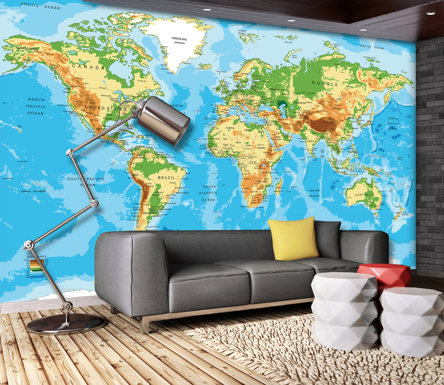 Physical Map of the World Blue School Decor Non-woven Photo Wallpaper (W x H) 312 cm x 219 cm (123" x 86")