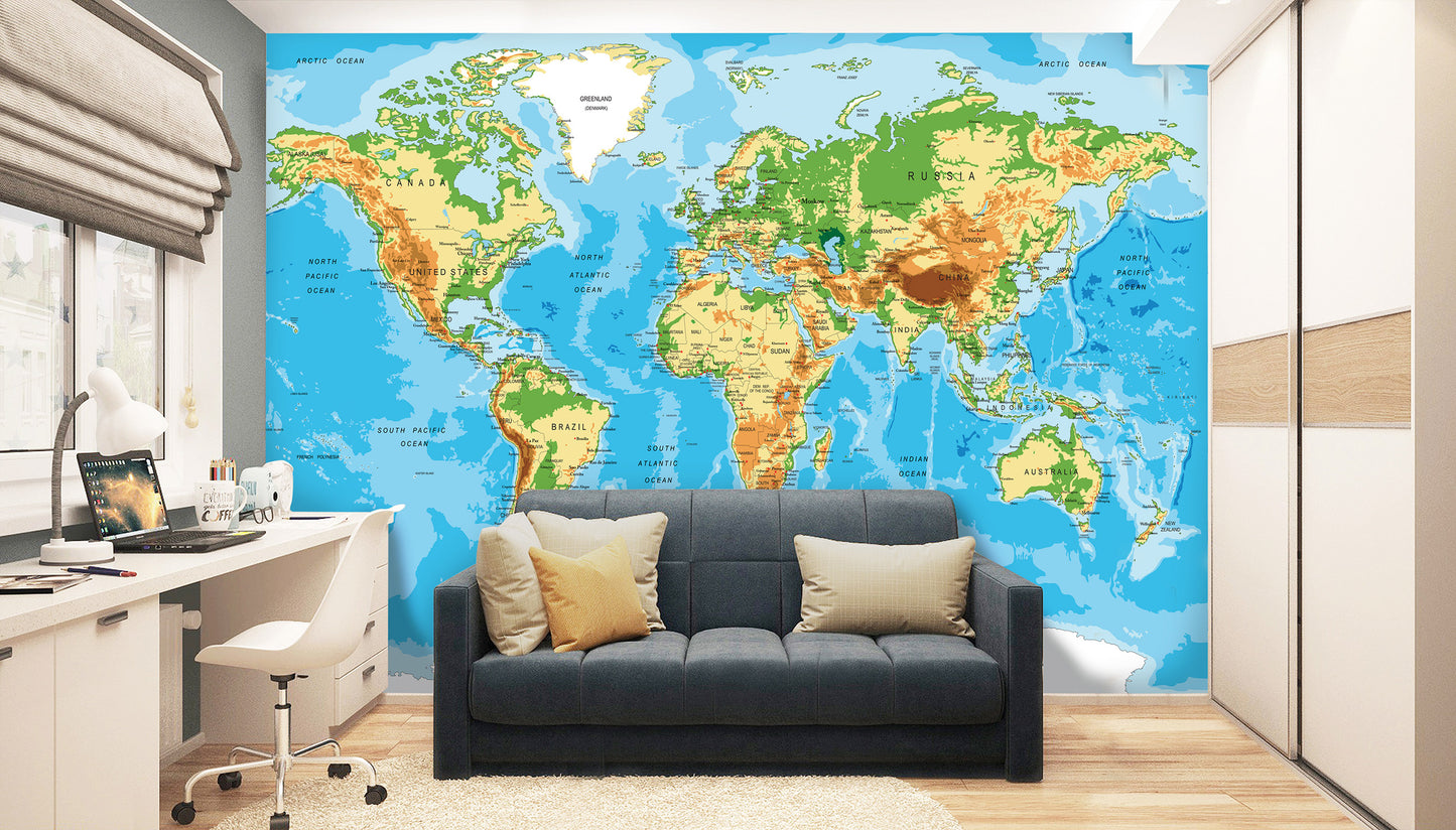 Physical Map of the World Blue School Decor Non-woven Photo Wallpaper (W x H) 312 cm x 219 cm (123" x 86")