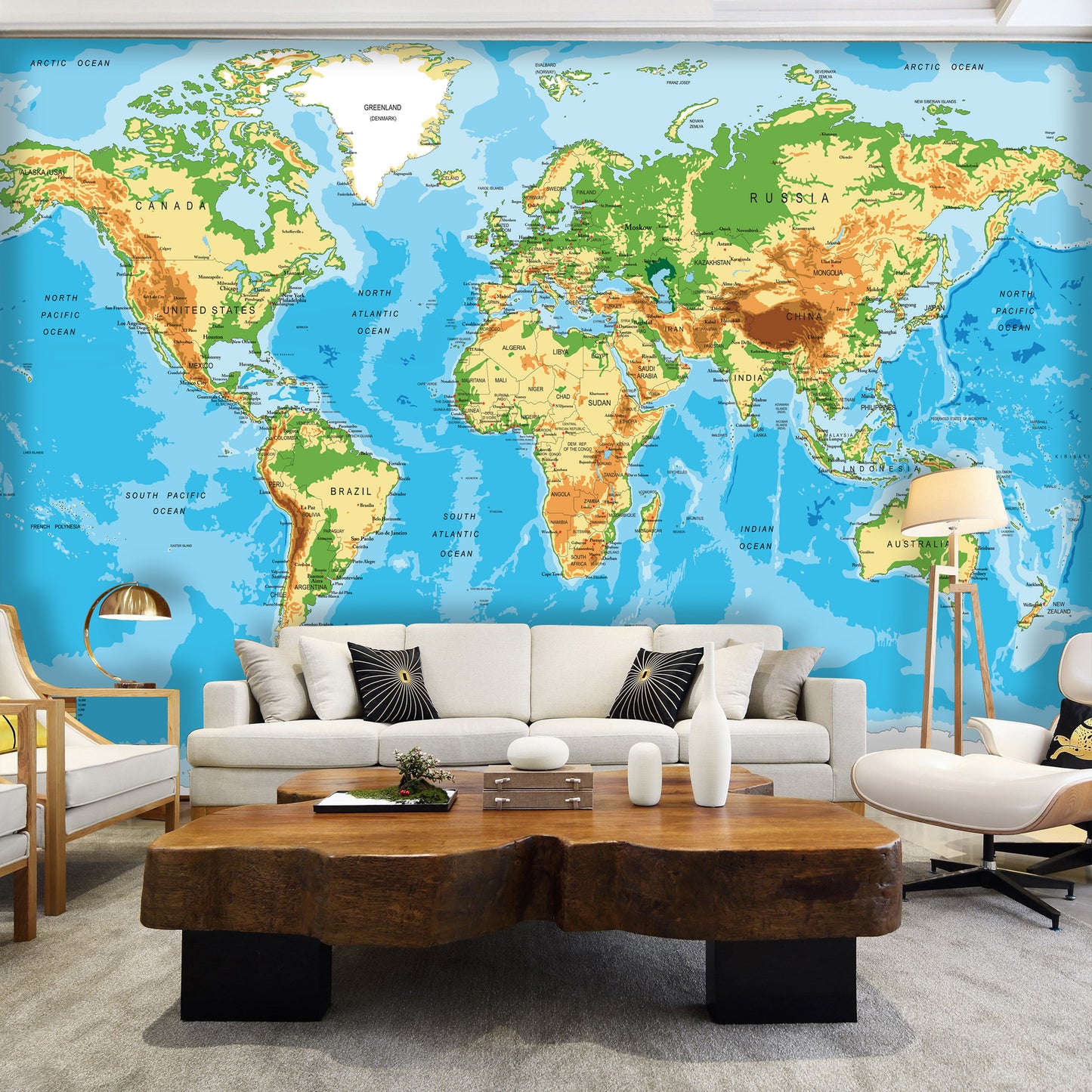 Physical Map of the World Blue School Decor Non-woven Photo Wallpaper (W x H) 312 cm x 219 cm (123" x 86")