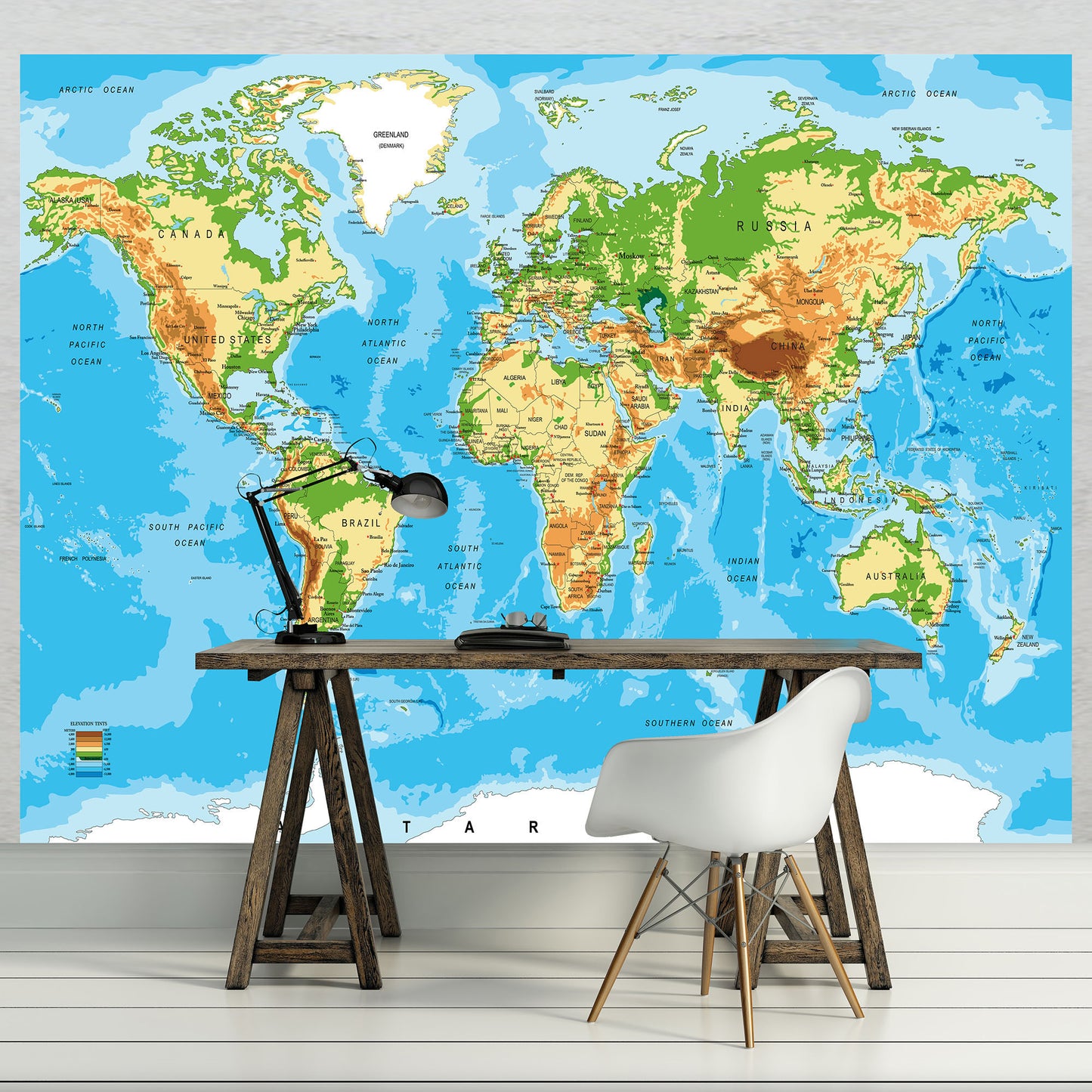 Physical Map of the World Blue School Decor Non-woven Photo Wallpaper (W x H) 312 cm x 219 cm (123" x 86")