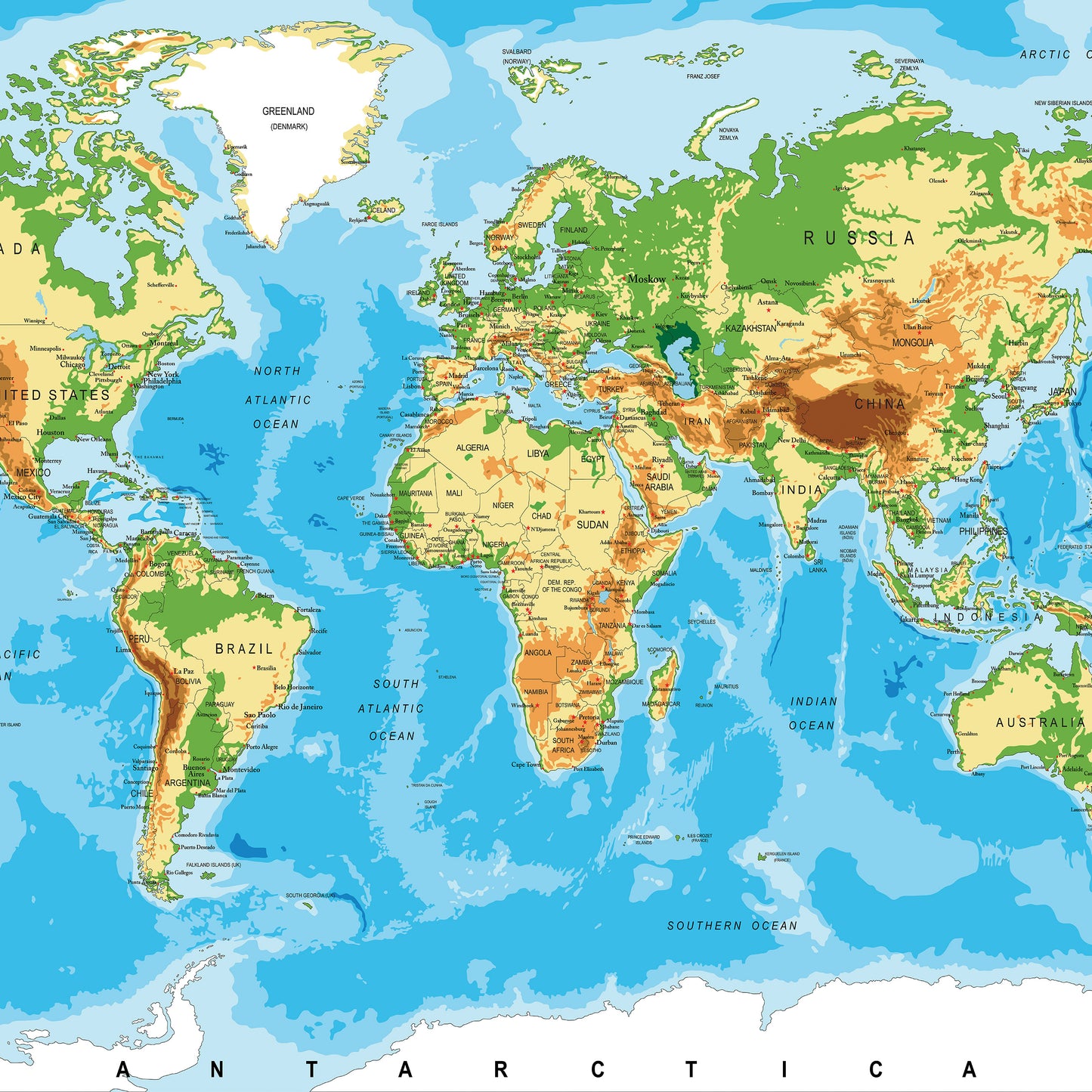 Physical Map of the World Blue School Decor Non-woven Photo Wallpaper (W x H) 312 cm x 219 cm (123" x 86")