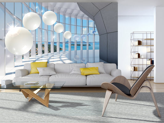 Levitating Spheres Balcony View 3D & Abstract Non-woven Photo Wallpaper (W x H) 312 cm x 219 cm (123" x 86")