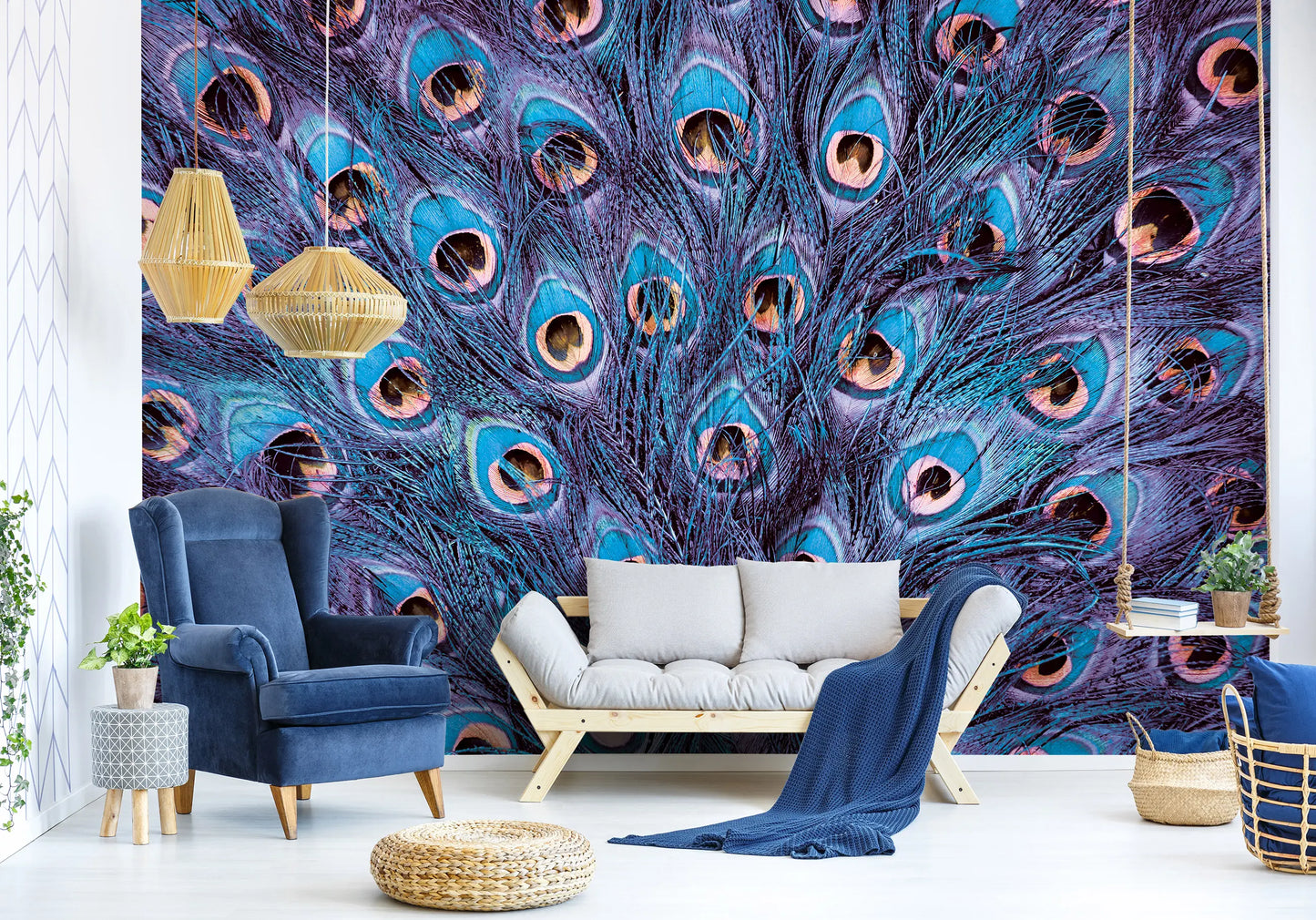 Blue and Purple Peacock Feathers Animal Non-woven Photo Wallpaper Size Selection