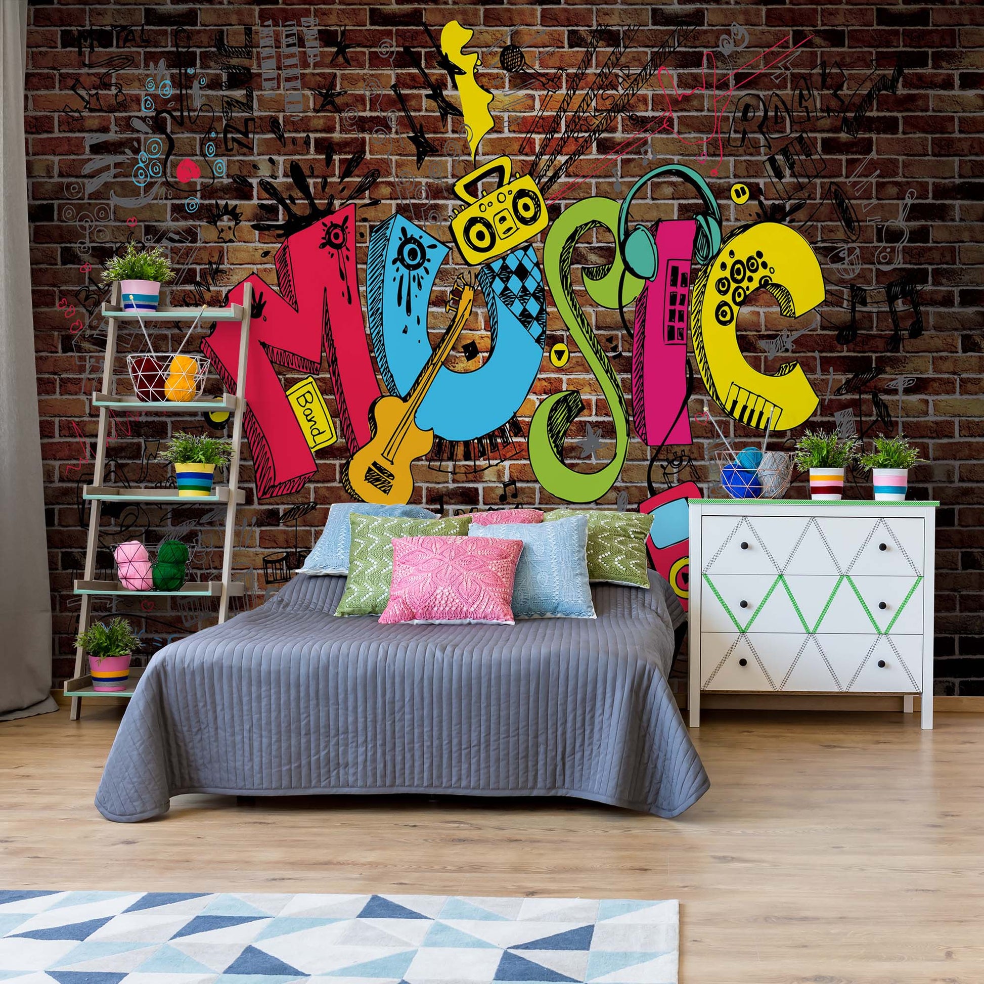 Colorful 'Music' wall art in a bedroom with a bed and shelves.