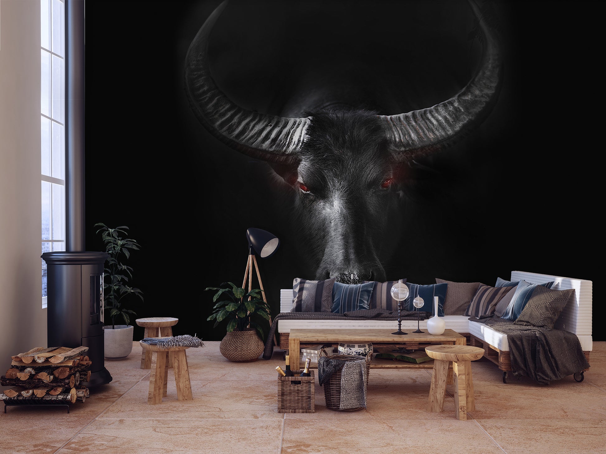 A non-woven photo wallpaper featuring a black animal, displayed on a wall above a modern living room setup with minimalist furniture.