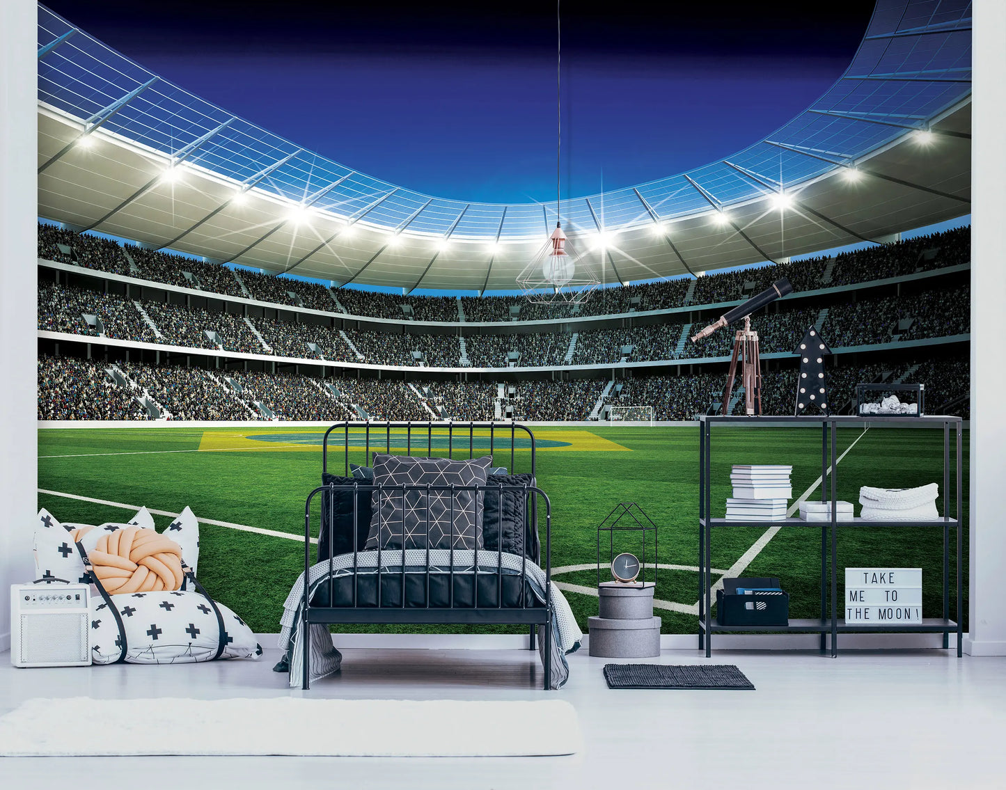 Stadium mural in a room with a bed and shelves.