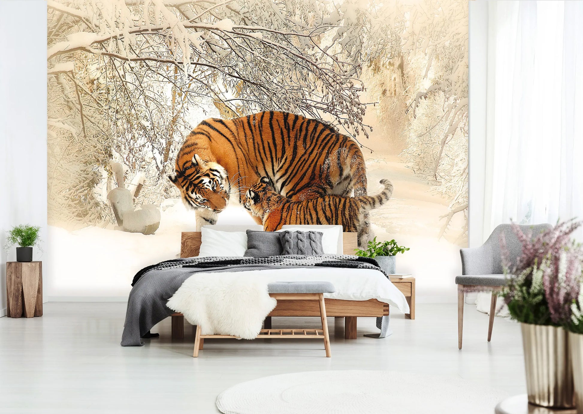 Living room with a large wall mural of two tigers in a forest.