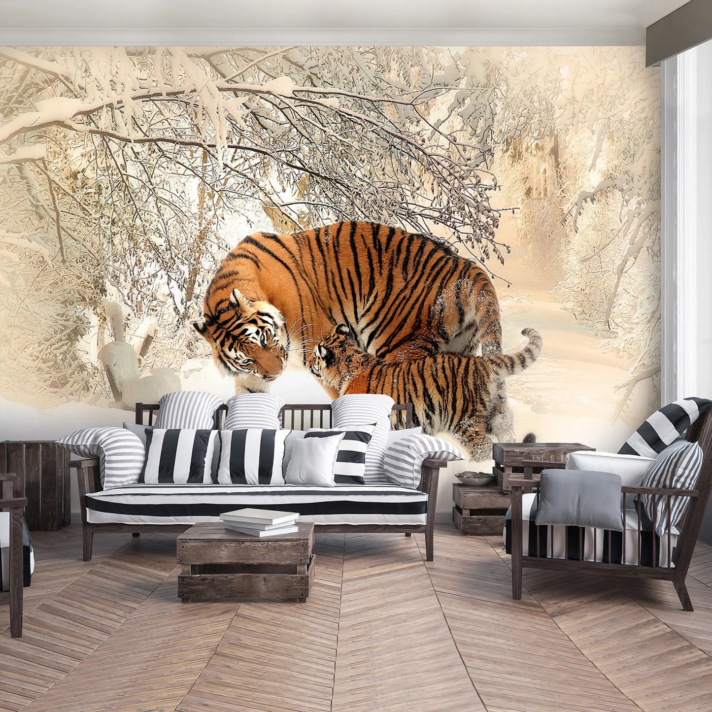 Tigers Fmily Living Room Non-woven Photo Wallpaper (W x H) 312 cm x 219 cm (123" x 86")