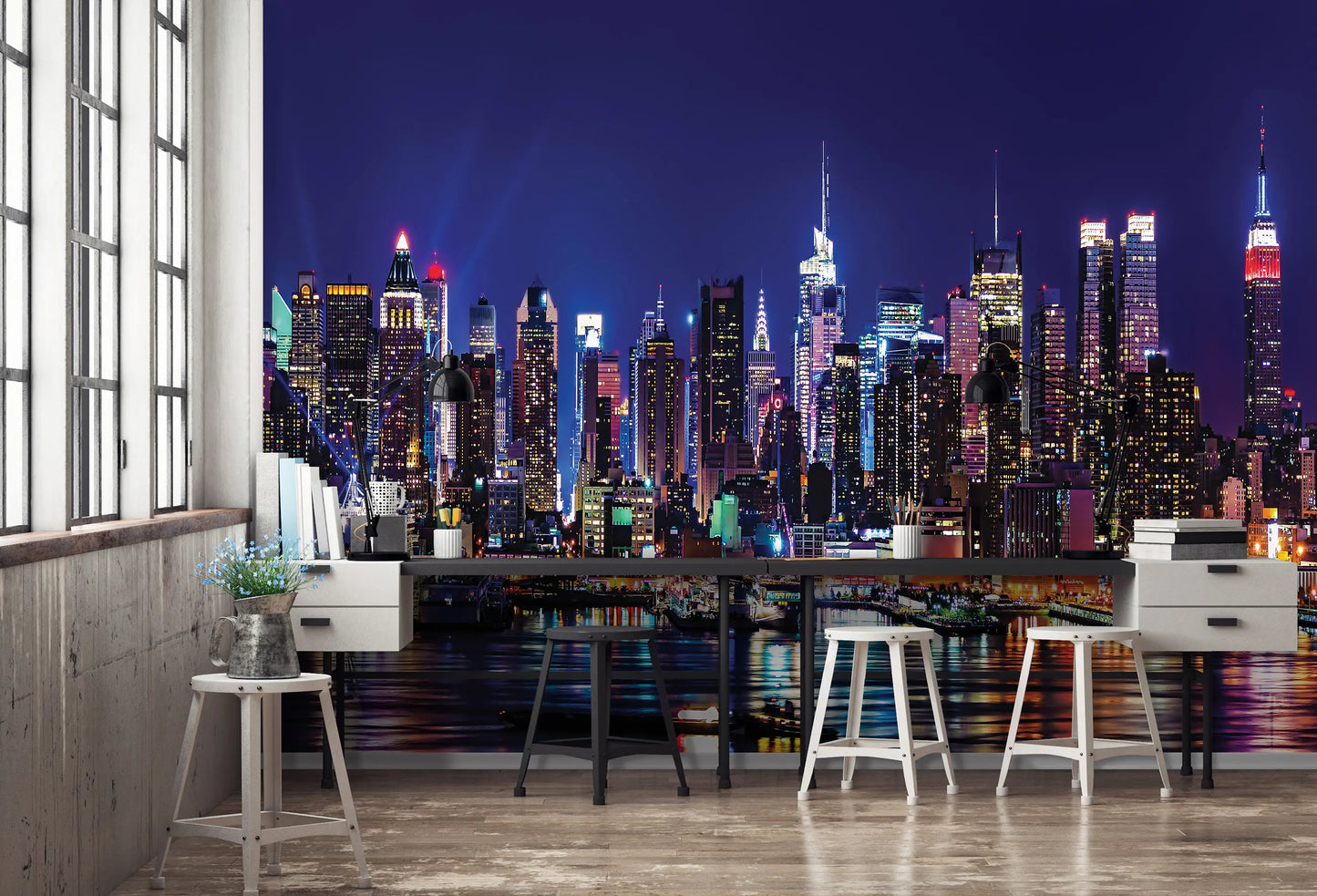 Modern office interior with a large city skyline mural on the wall.