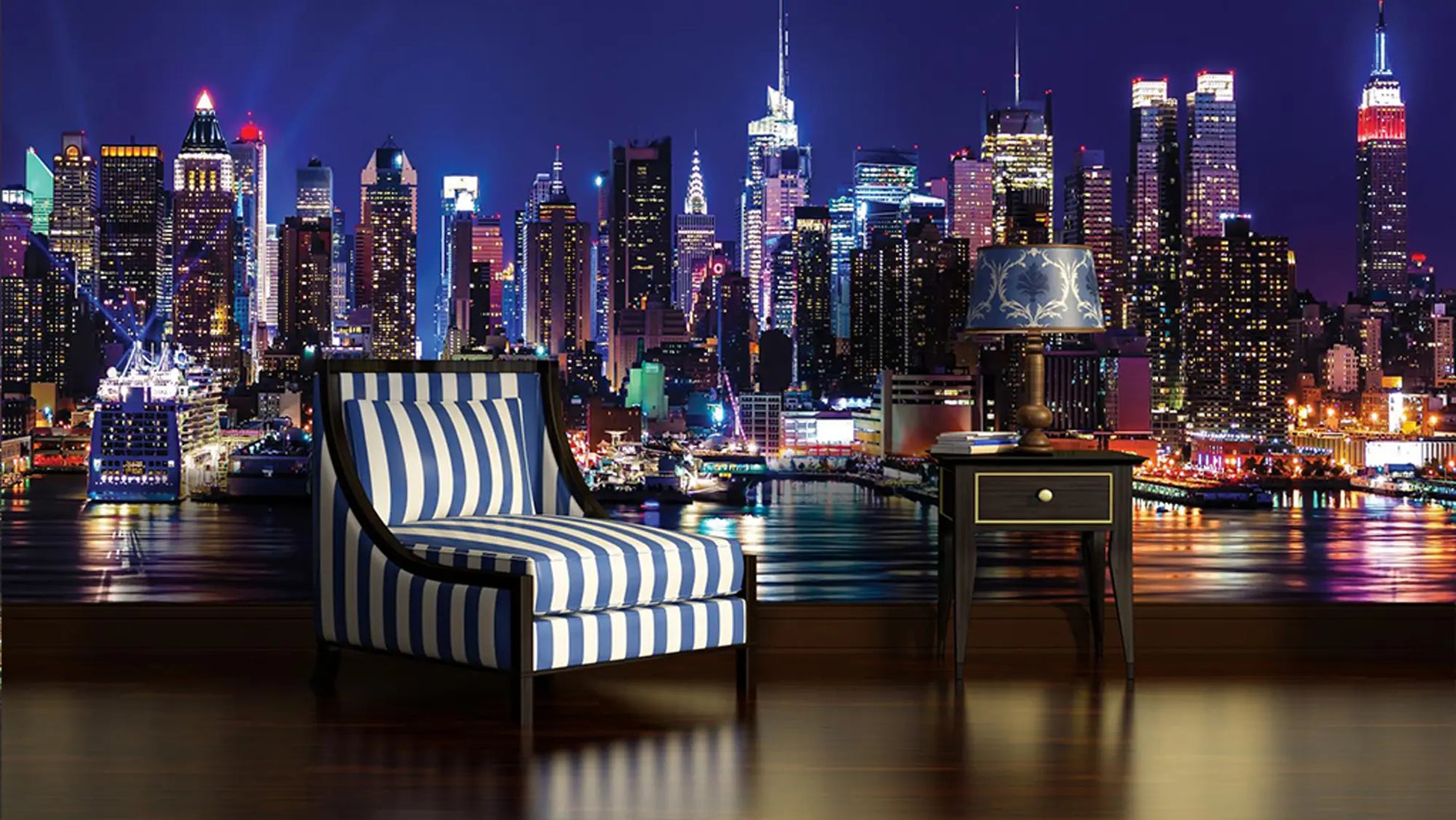 Chair with striped pattern in front of a city skyline at night