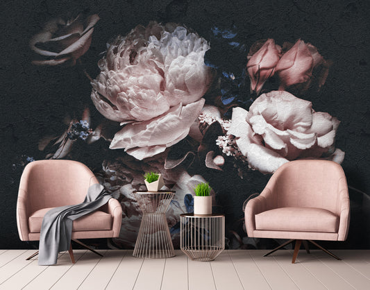 Pink Floral Composition Black Background wall mural
