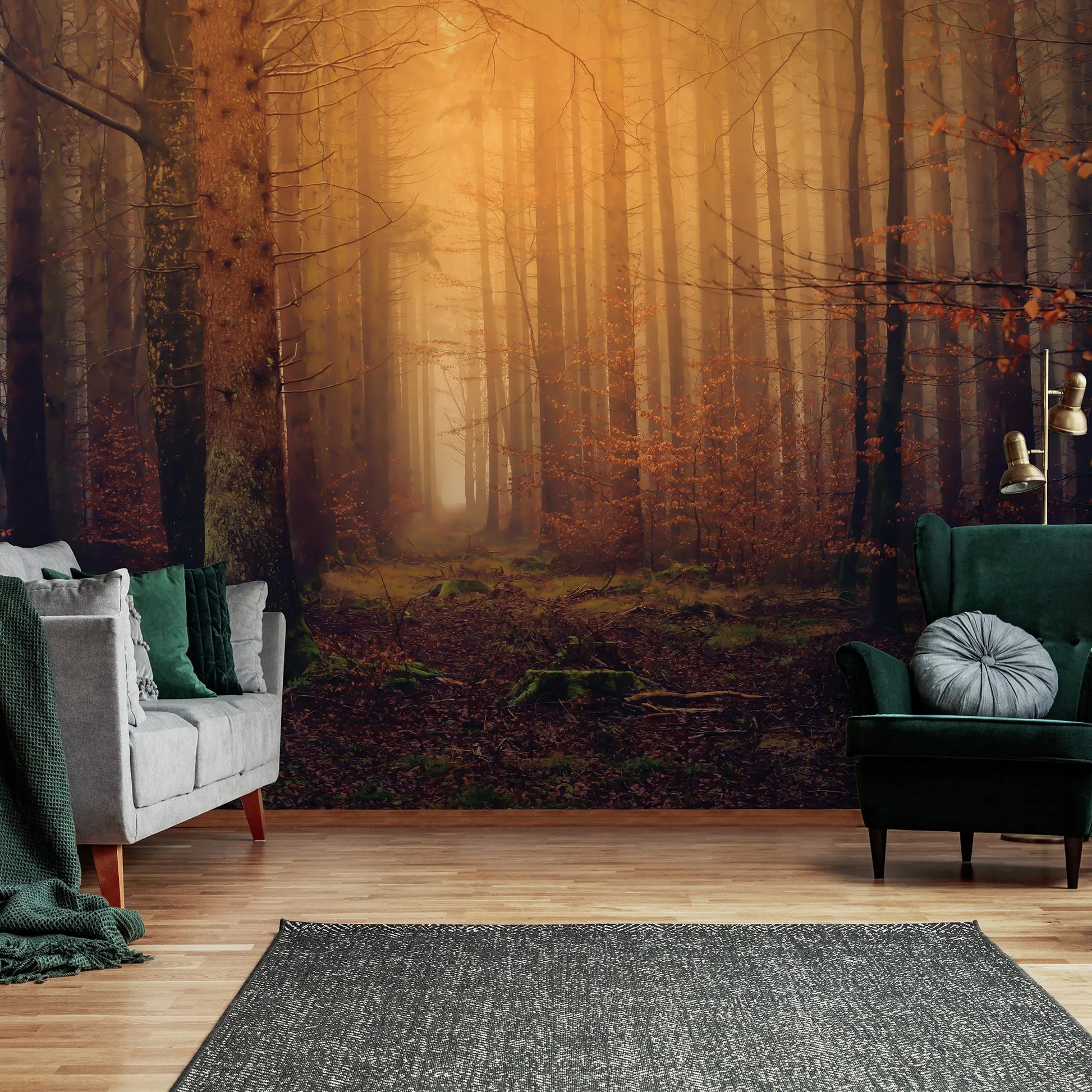 Living room with forest mural on the wall