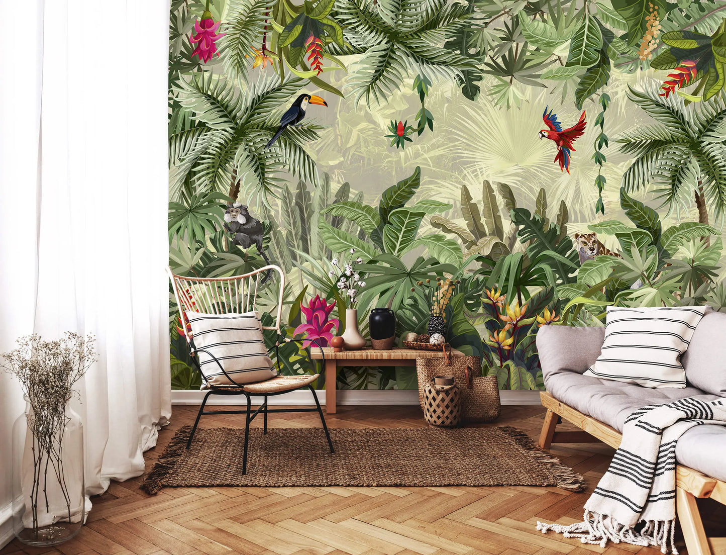 Green Jungle Parrots Botanical Nature Non-woven Photo Wallpaper