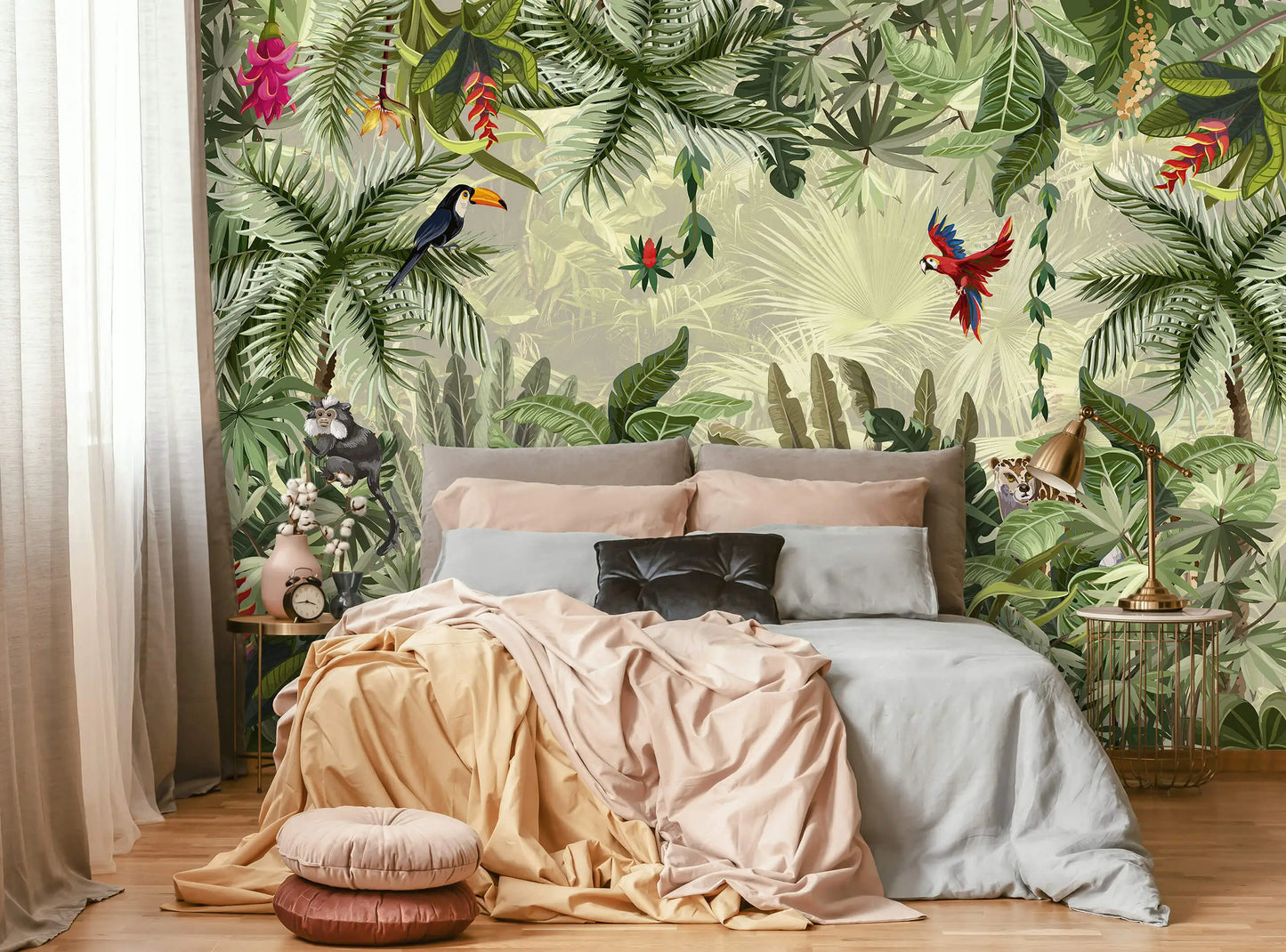 Bedroom with tropical wall mural featuring plants and birds