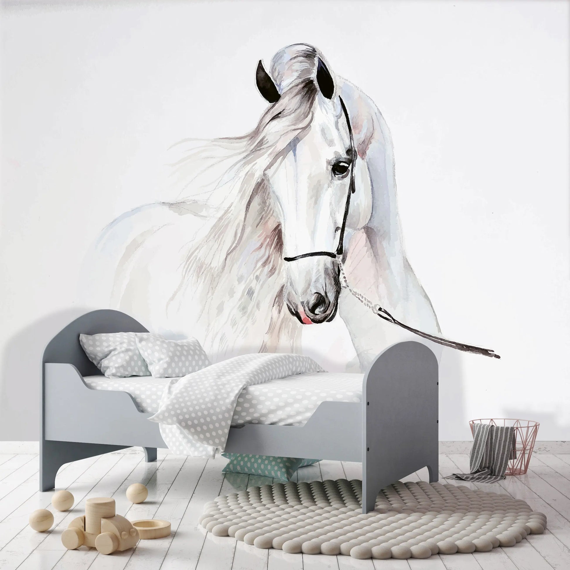 Children's bedroom with a large wall mural of a white horse, gray bed, and wooden toys.