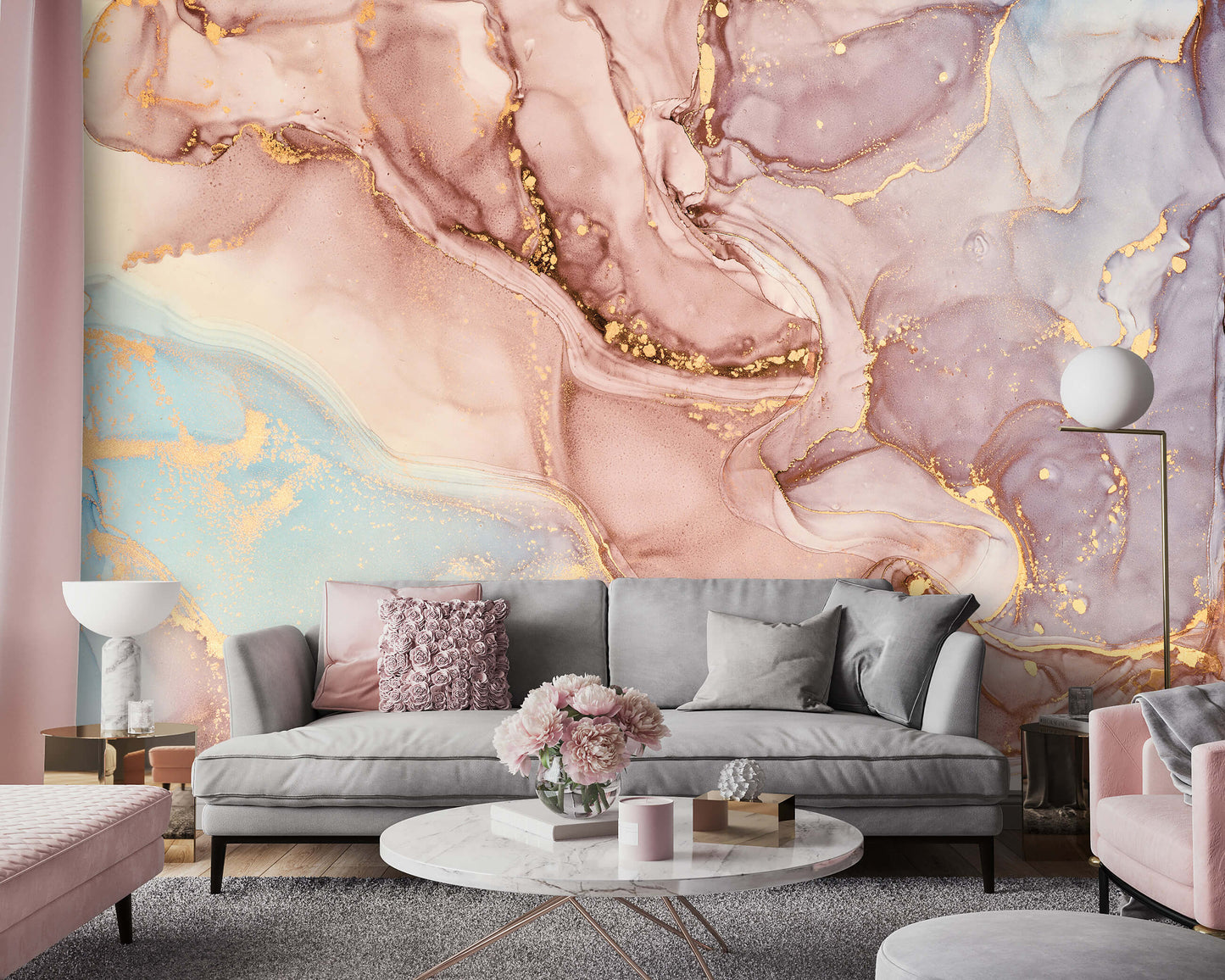 Pink Blue Gold Marble Stone Non-woven Photo Wallpaper (W x H) 312 cm x 219 cm (123" x 86")