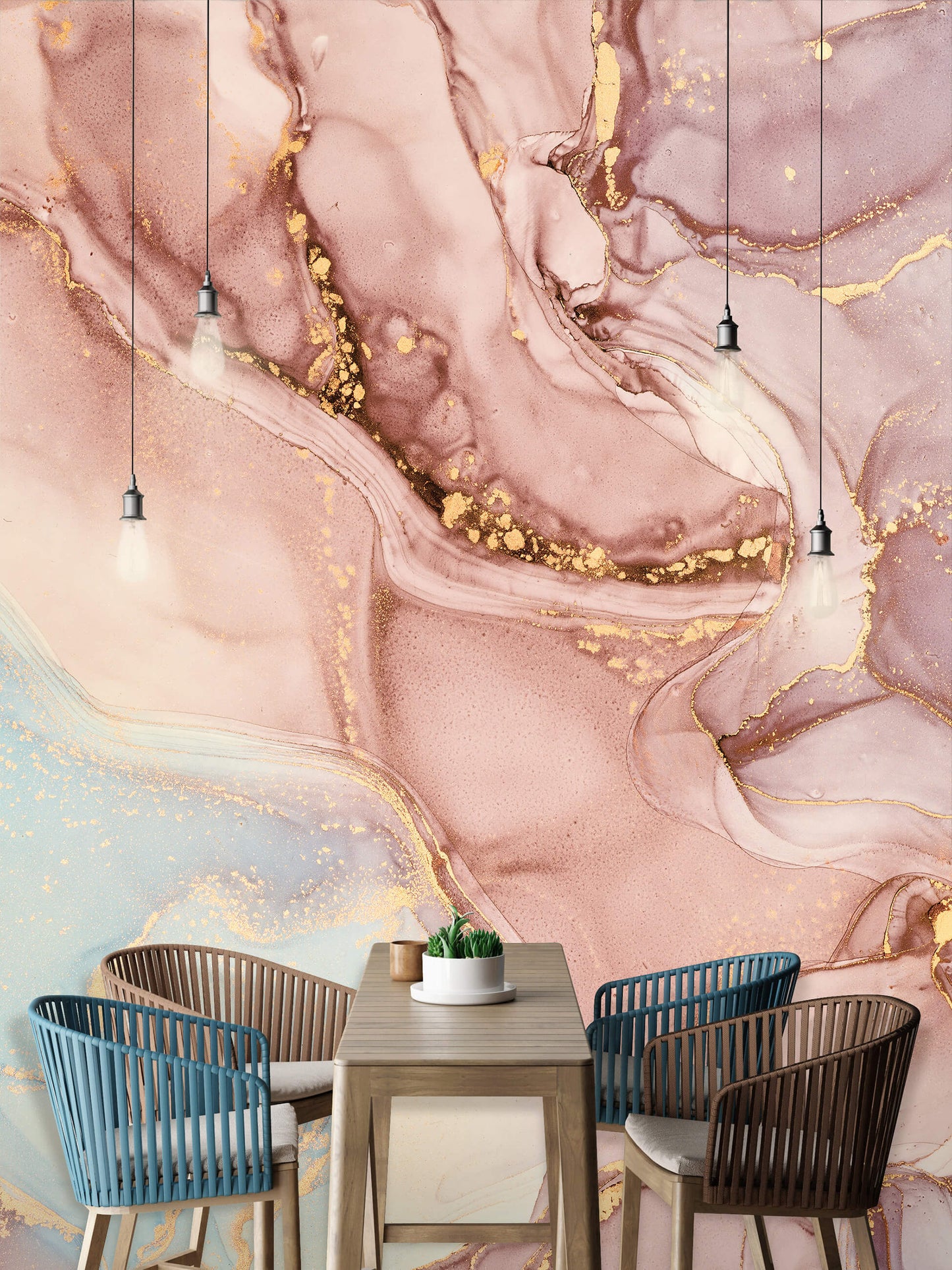 Pink Blue Gold Marble Stone Non-woven Photo Wallpaper (W x H) 312 cm x 219 cm (123" x 86")