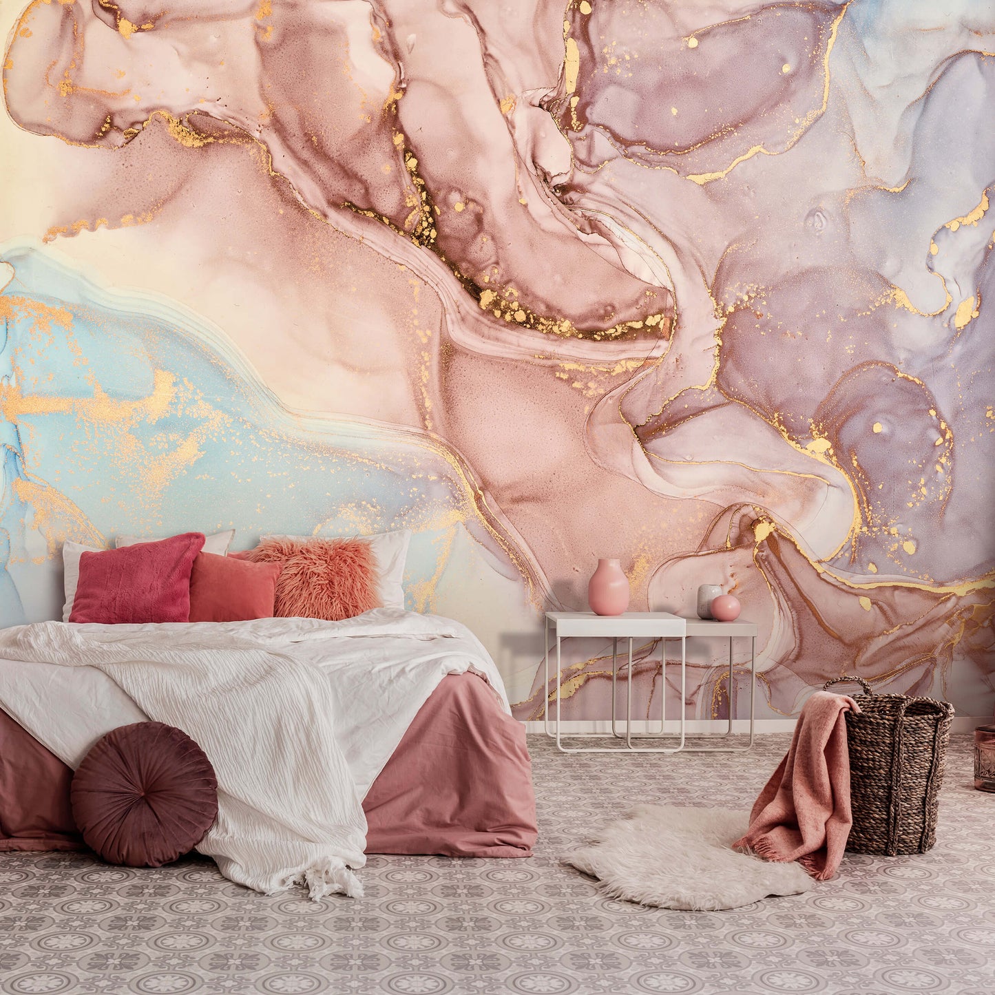 Pink Blue Gold Marble Stone Non-woven Photo Wallpaper (W x H) 312 cm x 219 cm (123" x 86")