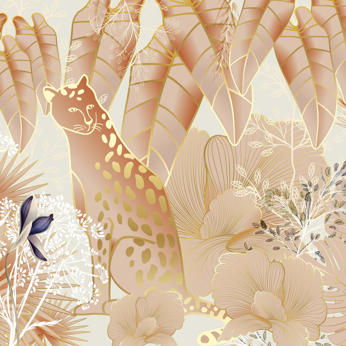 A section of non-woven photo wallpaper featuring an illustration of a jaguar among tropical leaves and flowers in a golden background.