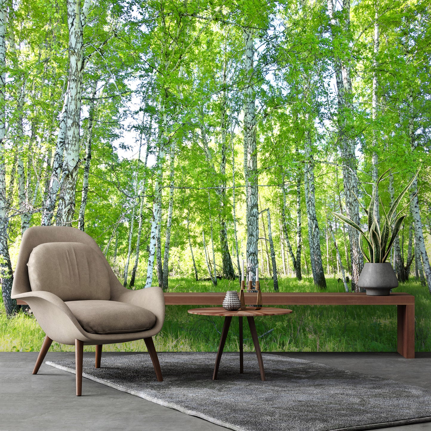 Modern chair and table in a room with a forest wall mural