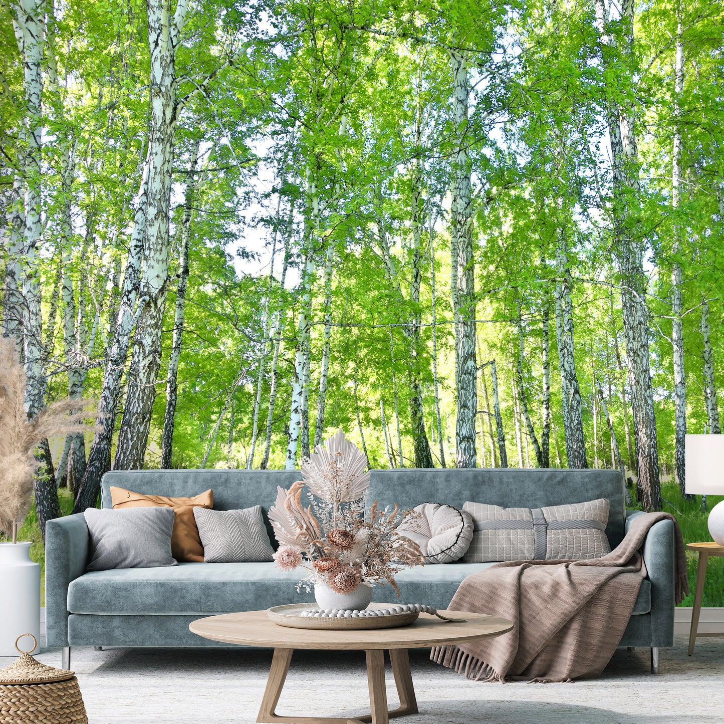 Living room with a large wall mural of a forest