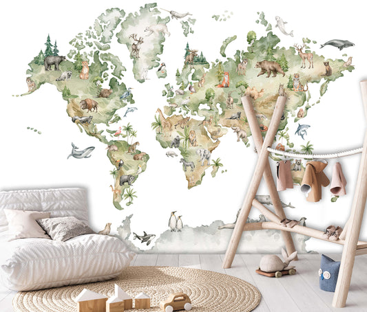 A wallpaper with a map of the world and various animals, displayed on a wall above a wooden rocking chair and a toy box, with a white carpet and a pillow in the foreground.