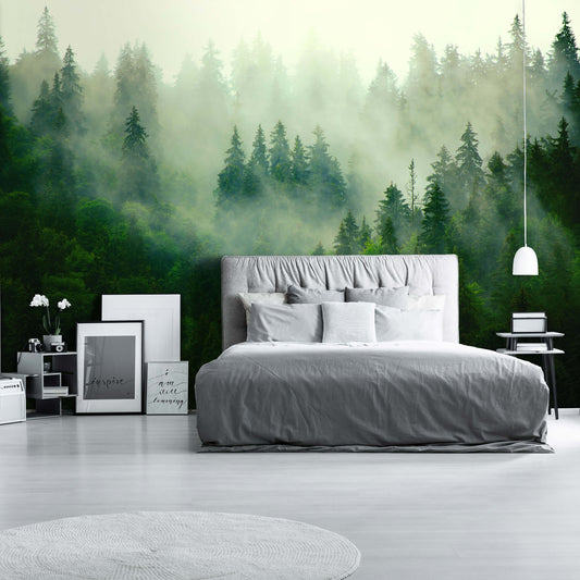A bedroom with a nature-themed non-woven photo wallpaper featuring a forest and fog, alongside a bed with white bedding and a nightstand with a lamp.