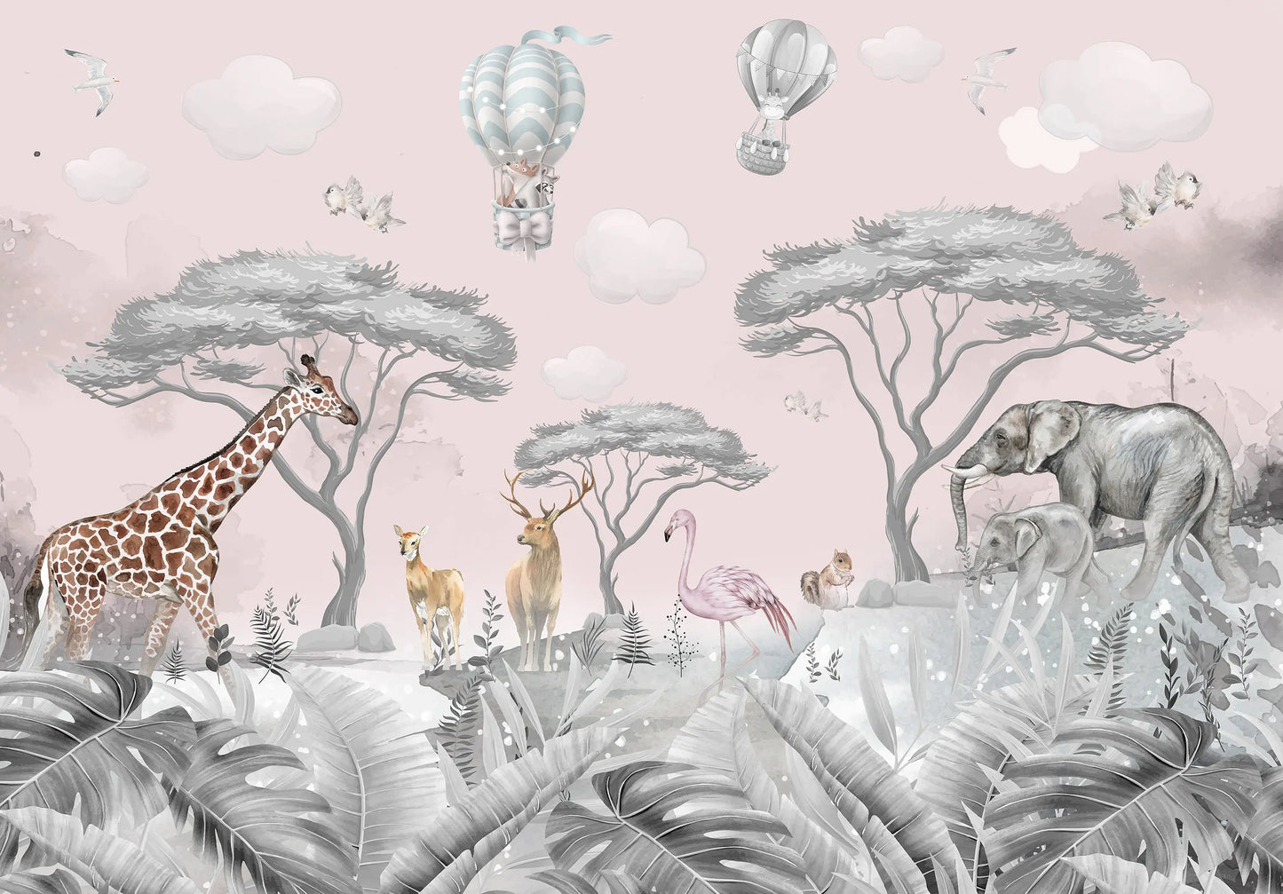 Baby Bedroom Safari Pink Non-woven Photo Wallpaper (W x H) 312 cm x 219 cm (123" x 86")