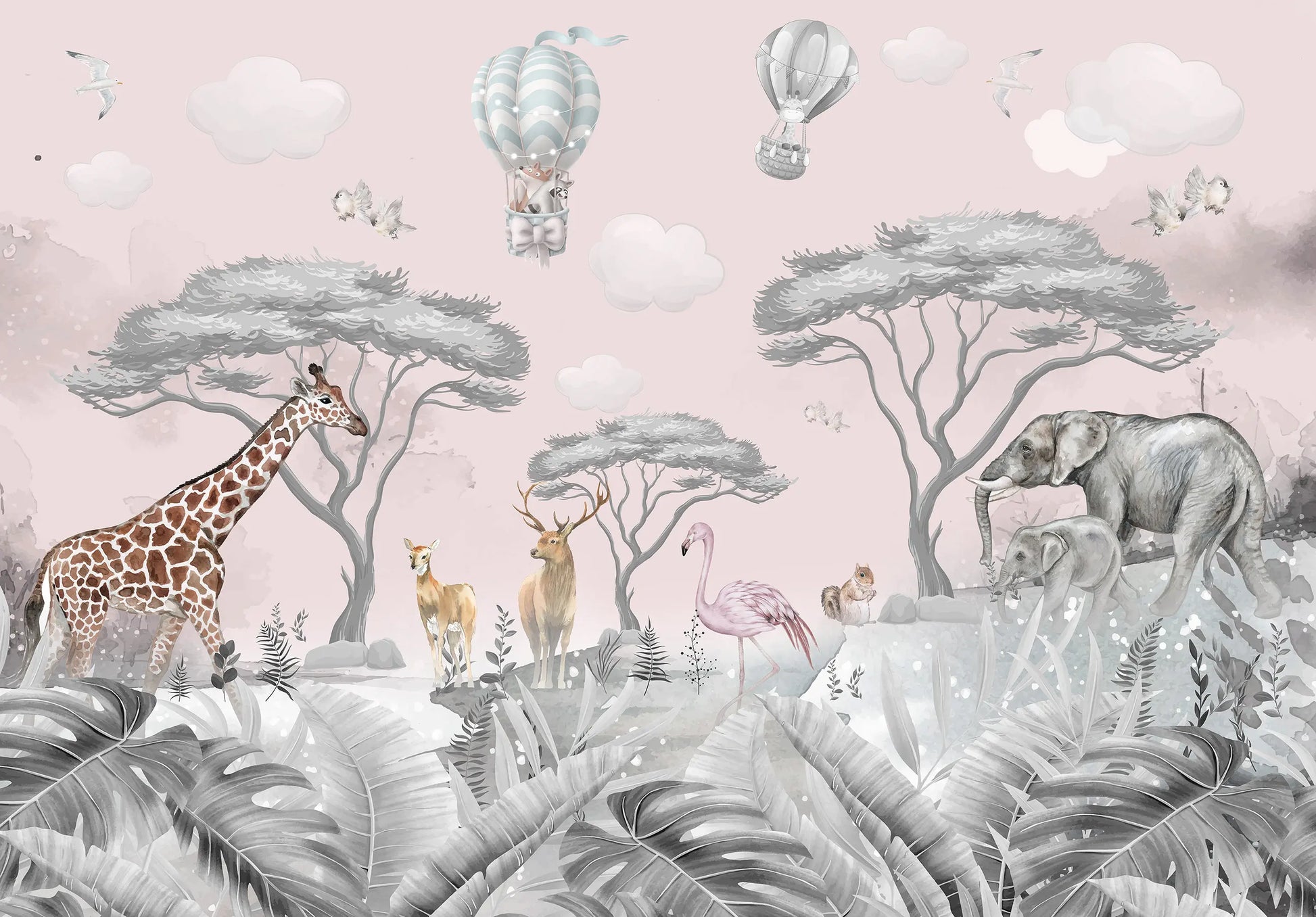 Children's wall mural with animals and hot air balloons on a pink background