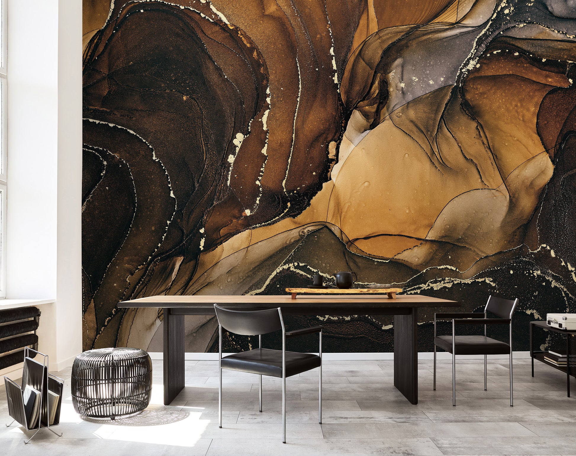 Dining area with a large abstract wall mural in a modern interior setting.