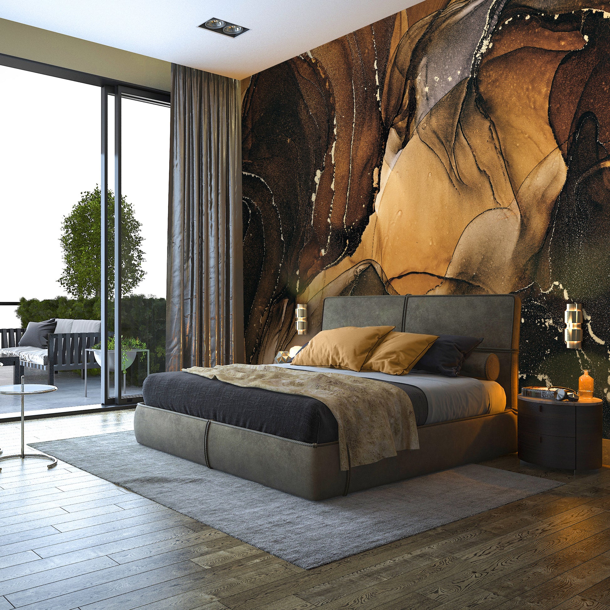 Modern bedroom with large abstract wall mural and bed.