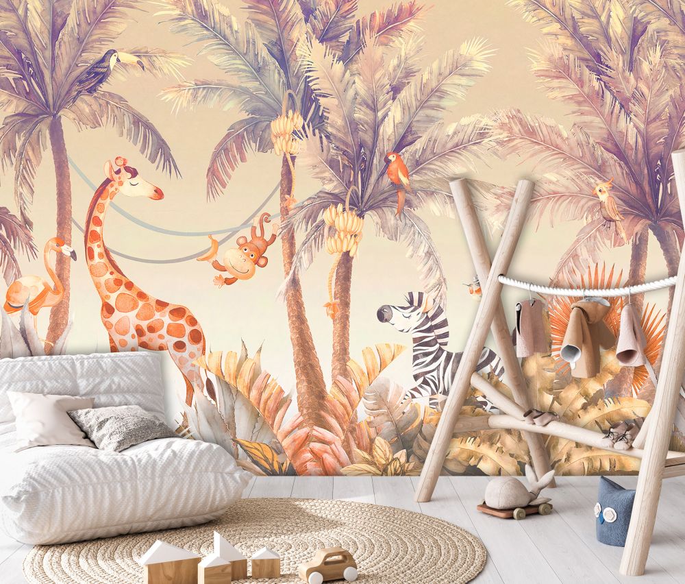 A wallpaper featuring a vibrant safari animal theme with giraffes, zebras, and a wooden structure resembling a playground or climbing frame, set against a tropical backdrop.