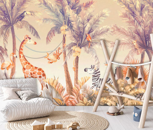 A wallpaper featuring a vibrant safari animal theme with giraffes, zebras, and a wooden structure resembling a playground or climbing frame, set against a tropical backdrop.