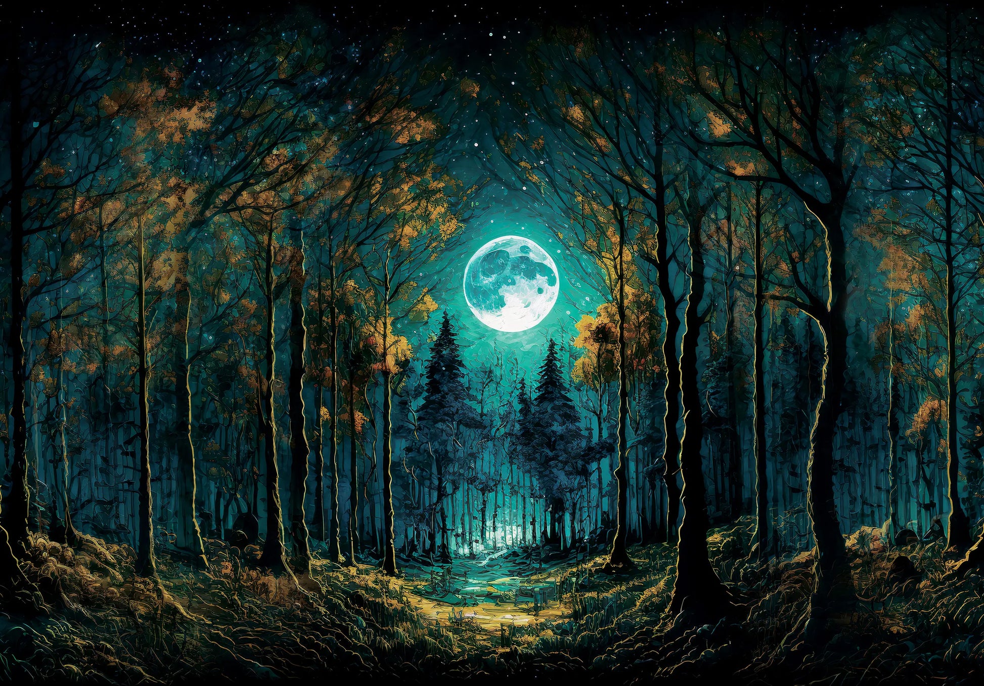 Dark forest with a full moon in the center