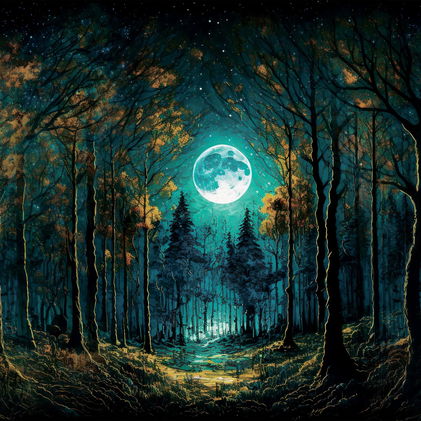Fantasy Forest at Night Bedroom Non-woven Photo Wallpaper (W x H) 312 cm x 219 cm (123" x 86")