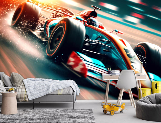 A photo wallpaper featuring a dynamic racing car design, installed on a wall above a bed and a desk in a room setting.
