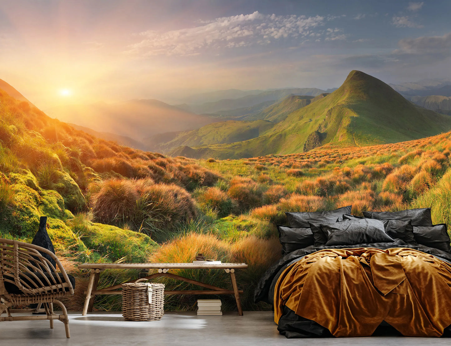 Green Mountains Bedroom Non-woven Photo Wallpaper (W x H) 312 cm x 219 cm (123" x 86")