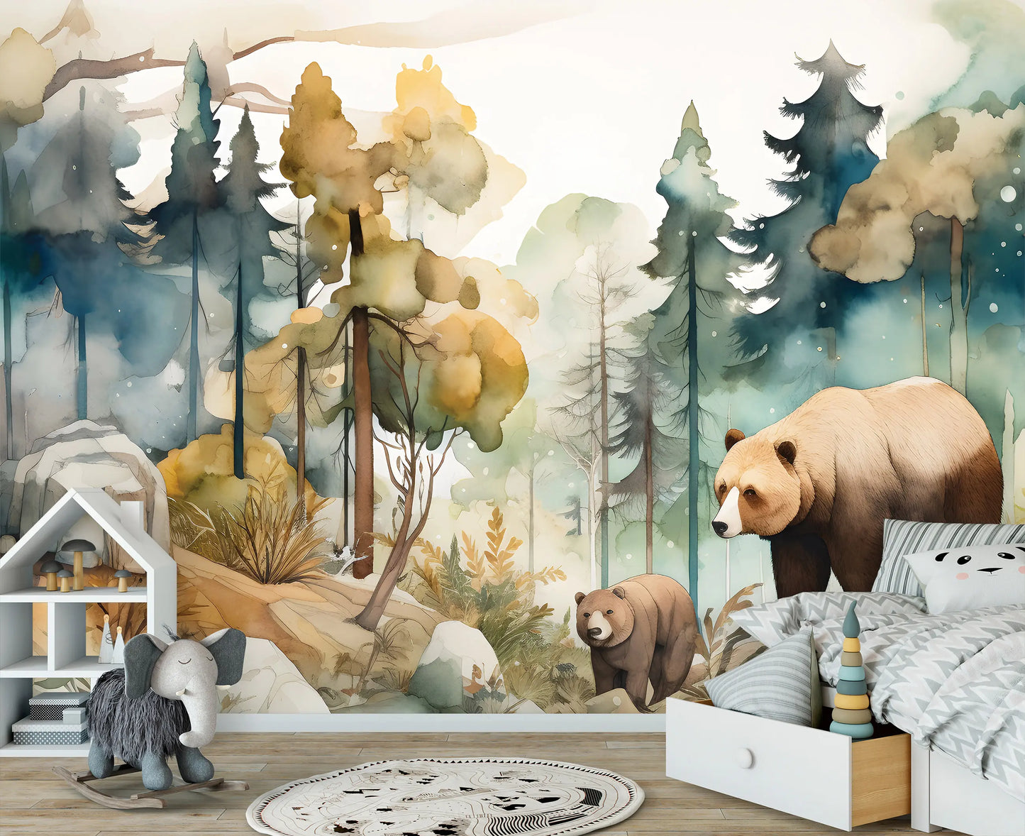 Children's room with a forest mural featuring bears and trees.