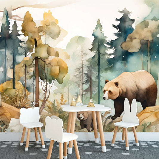 Children's room with forest mural, table, and chairs.