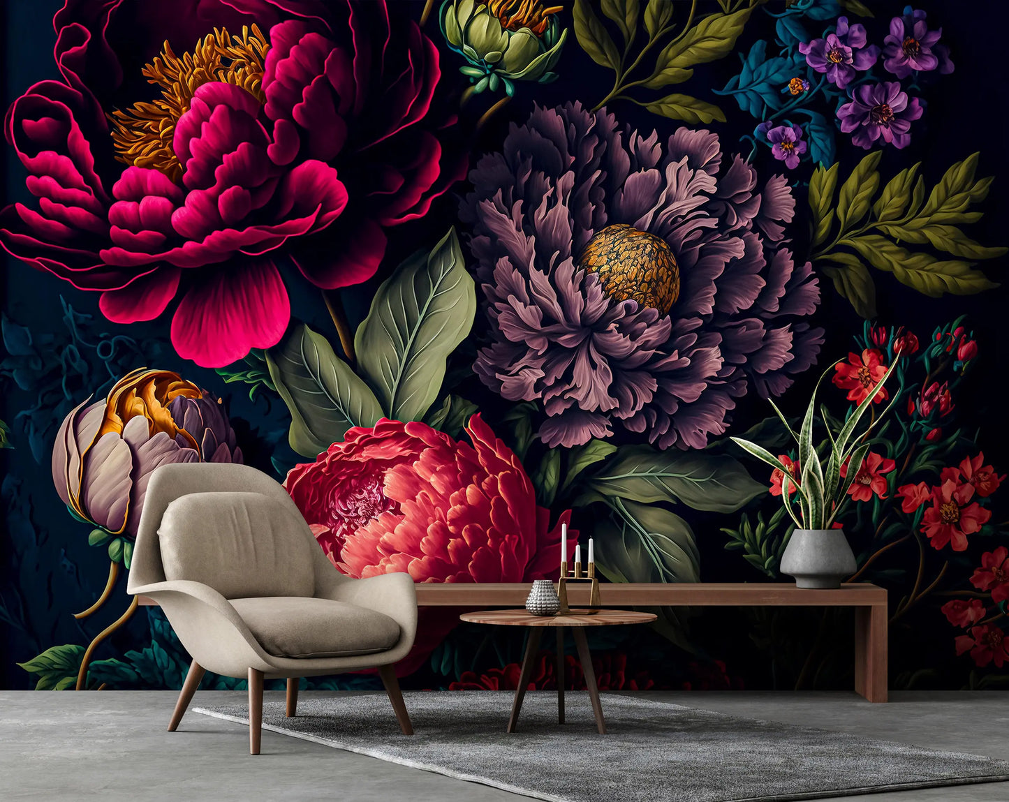 Flowers Peonies and Roses Black Red Non-woven Photo Wallpaper (W x H) 312 cm x 219 cm (123" x 86")