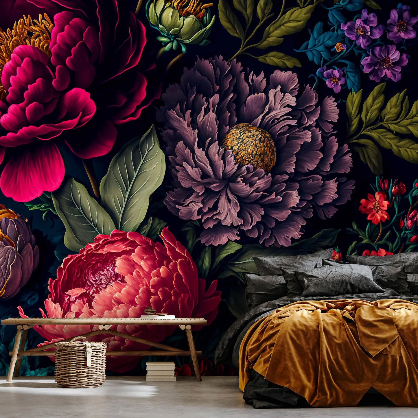 Flowers Peonies and Roses Black Red Non-woven Photo Wallpaper (W x H) 312 cm x 219 cm (123" x 86")
