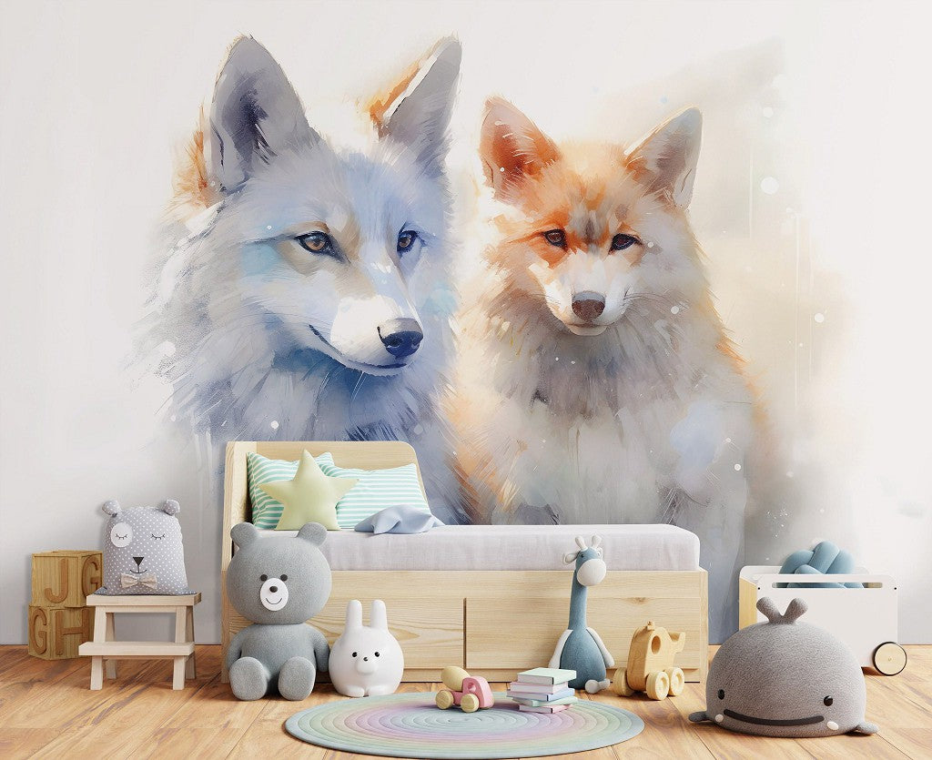 Cute Foxes Animal twins bedroom wallpaper mural