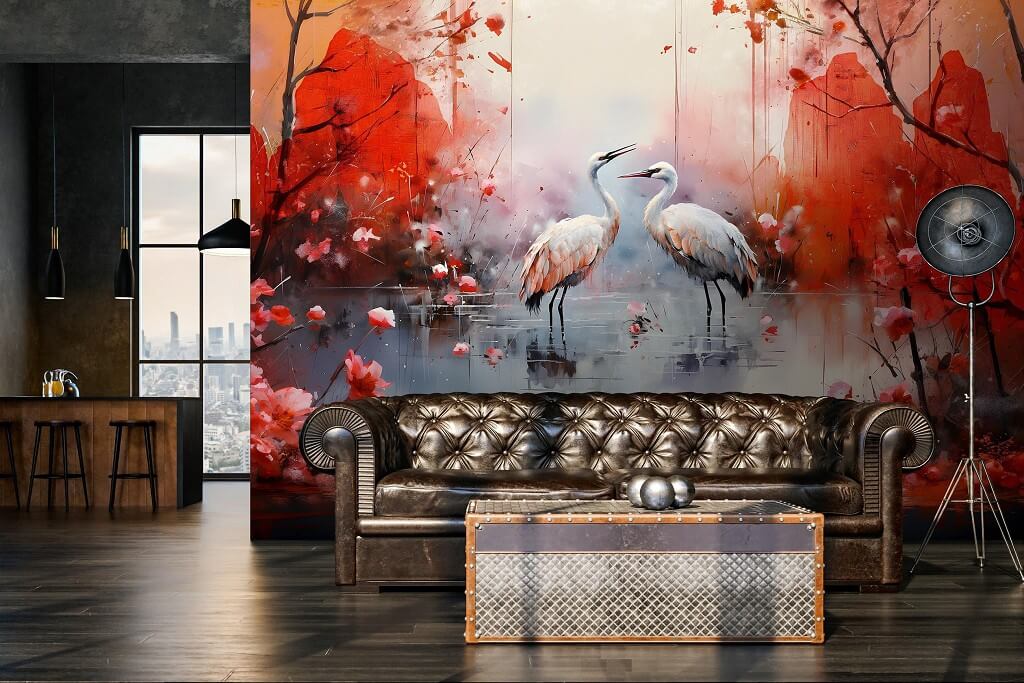Wild Cranes Red Background Art Non-woven Photo Wallpaper (W x H) 312 cm x 219 cm (123" x 86")