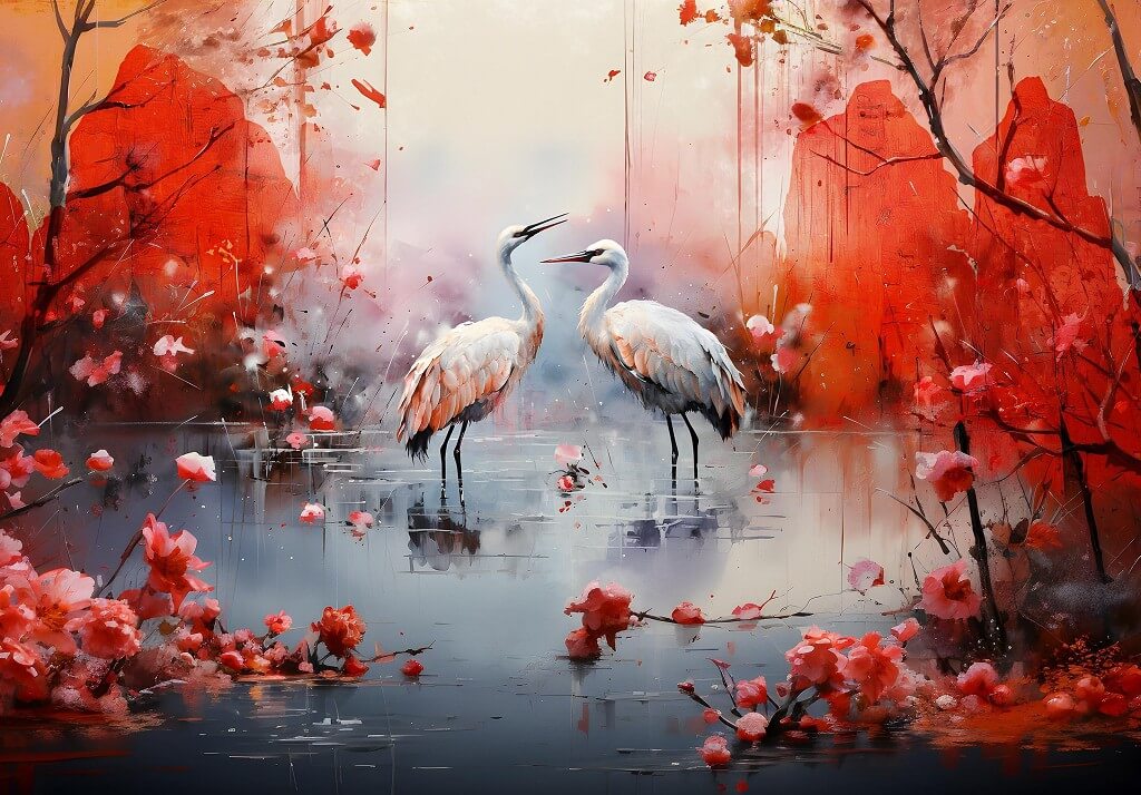 Wild Cranes Red Background Non-woven Photo Wallpaper art