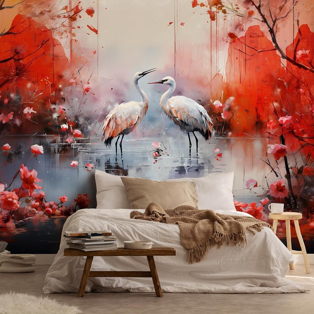 Wild Cranes Red Background Non-woven Photo Wallpapers